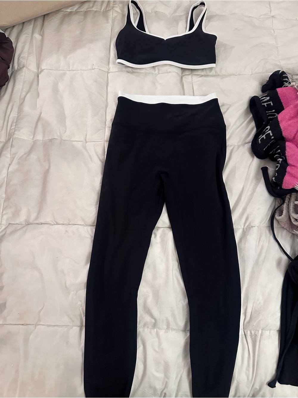 YPB/ Abercrombie white trim black workout leggings and bra set